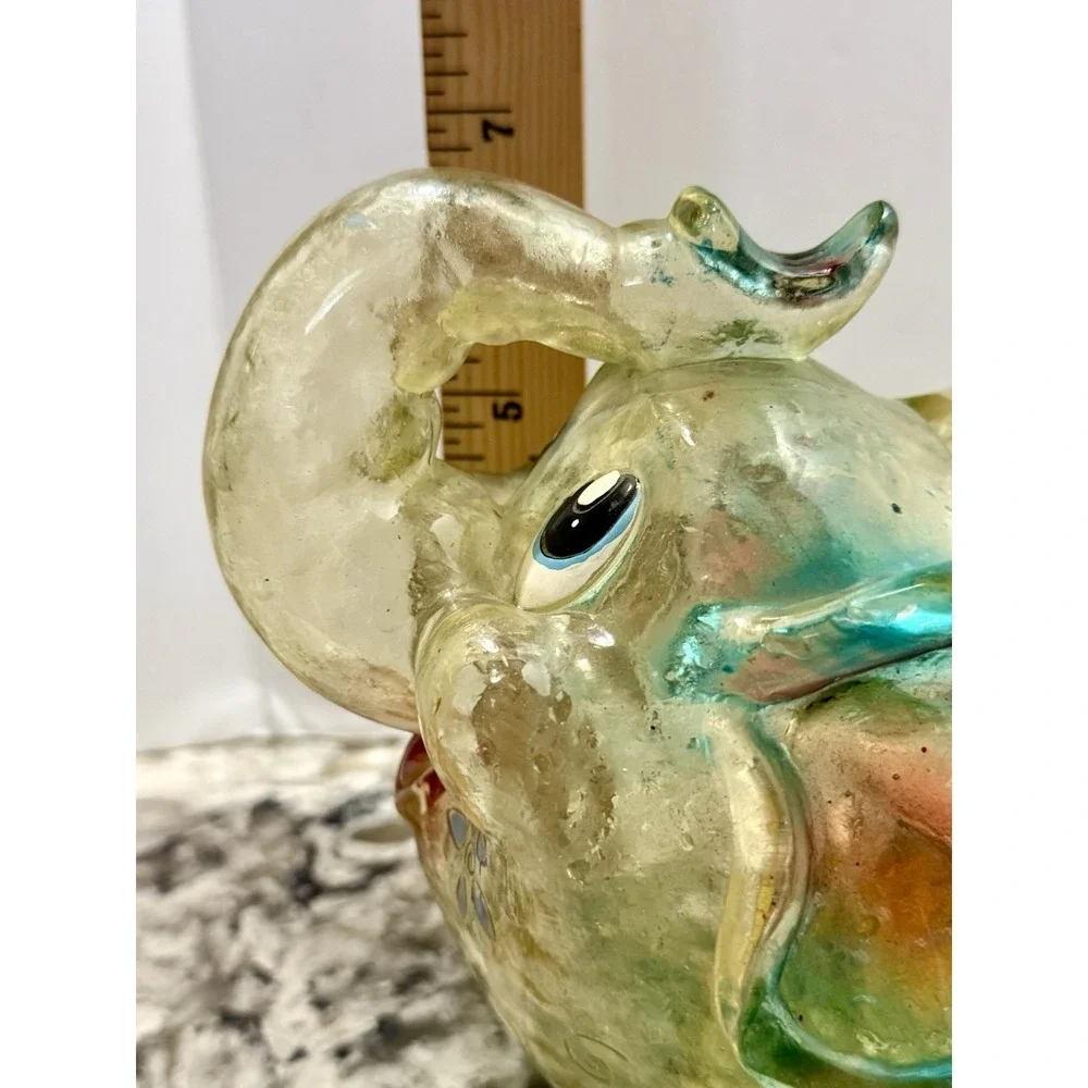 Vintage Clear Plastic Melamine Resin Elephant Piggy Bank Pink Blue Green Floral